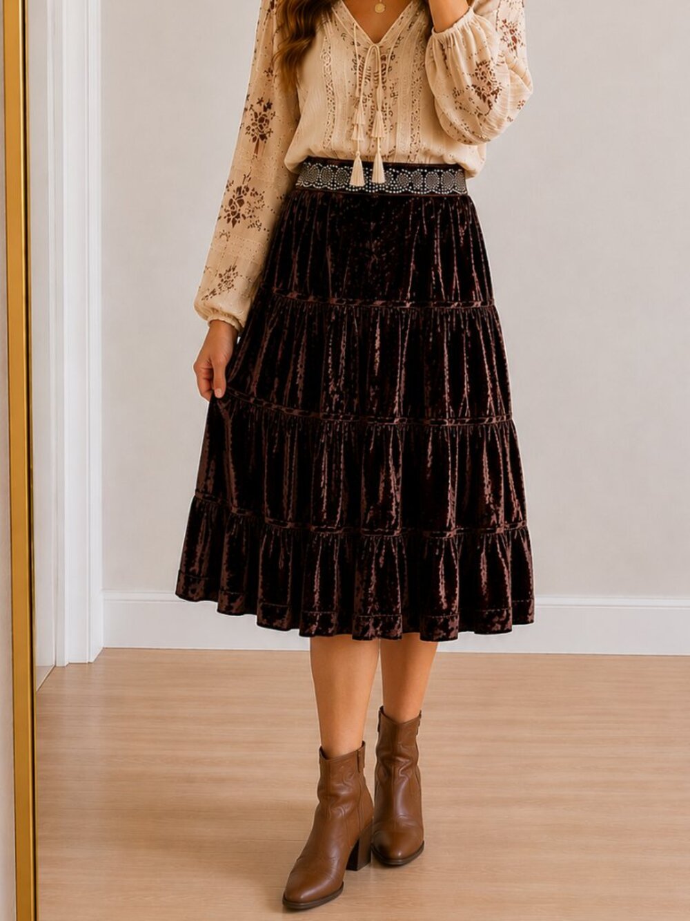 Dimri 🍂Velvet Patchwork Skirt Brown Beaded Waistband Size M NWT